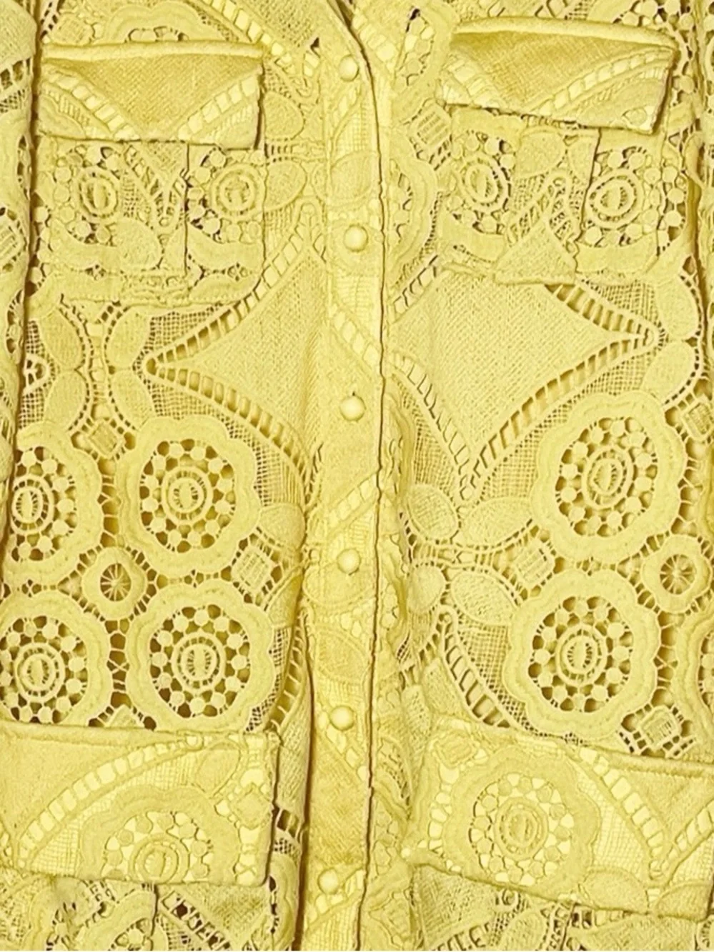 Beleuh yellow Lace Shirt Dress Button Front Crochet Pockets Boho Resort small - Picture 7 of 7